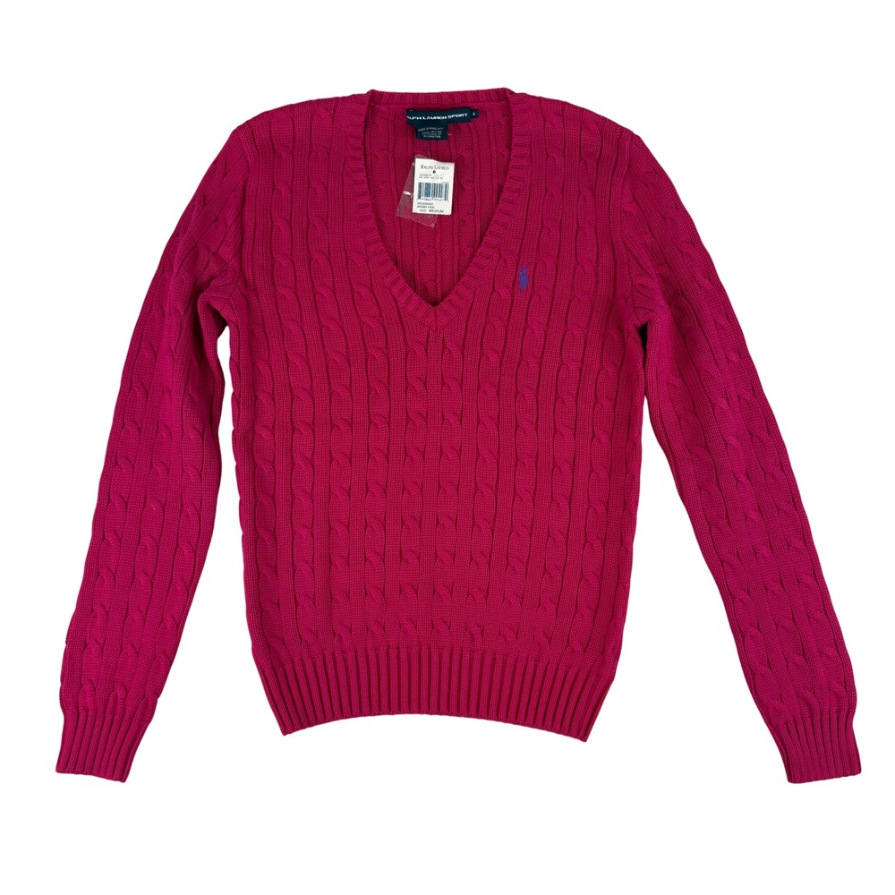 Ralph Lauren Sport V-Neck Sweater Womens Medium Aruba Pink Cable Knit Cotton